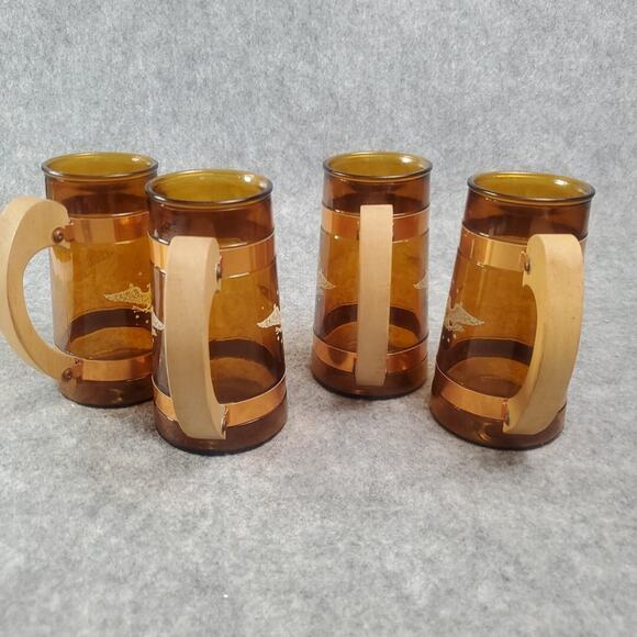Siesta Ware Amber Glasses Set of 4 Patriotic Eagle Wooden Handle Mug Stein - Picture 6 of 10